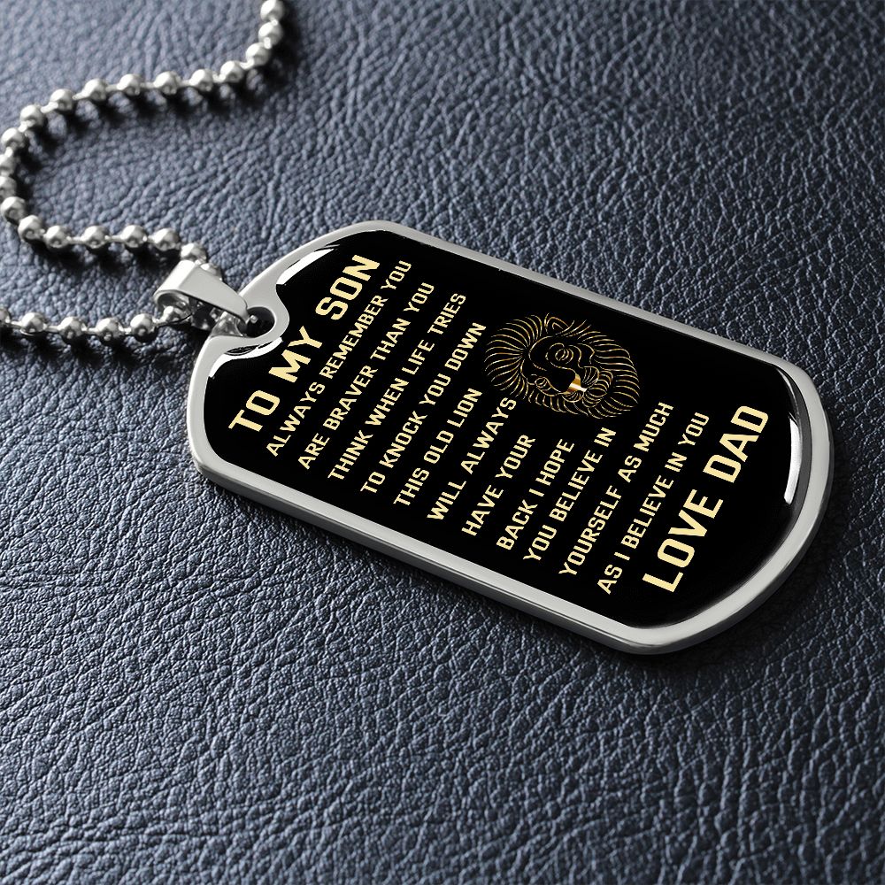 Graphic Dog Tag Military Chain | Son Brave Lion | silver or gold