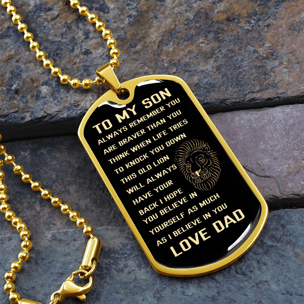 Graphic Dog Tag Military Chain | Son Brave Lion | silver or gold