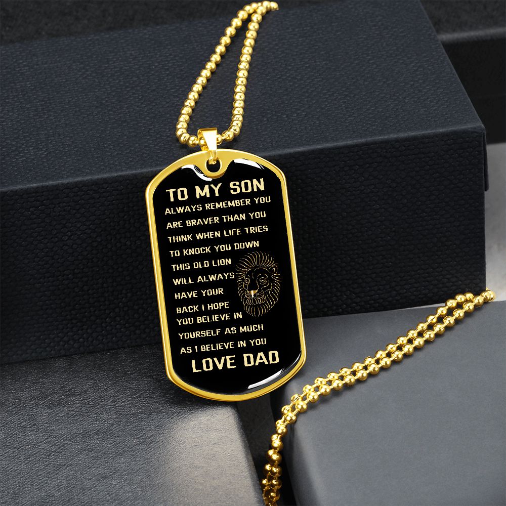 Graphic Dog Tag Military Chain | Son Brave Lion | silver or gold