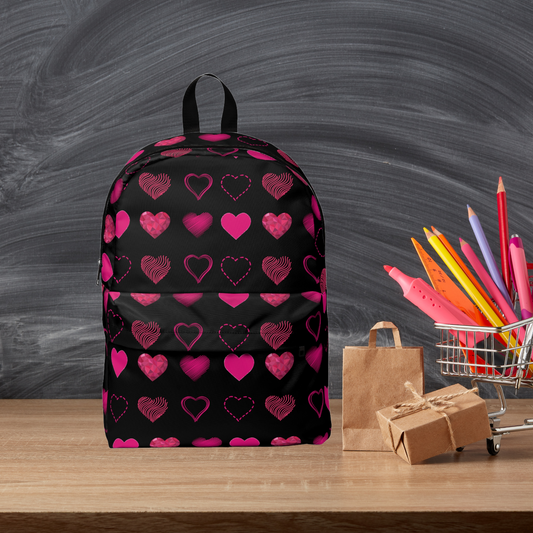 Black with Pink Hearts | Classic Unisex Backpack Book Bag