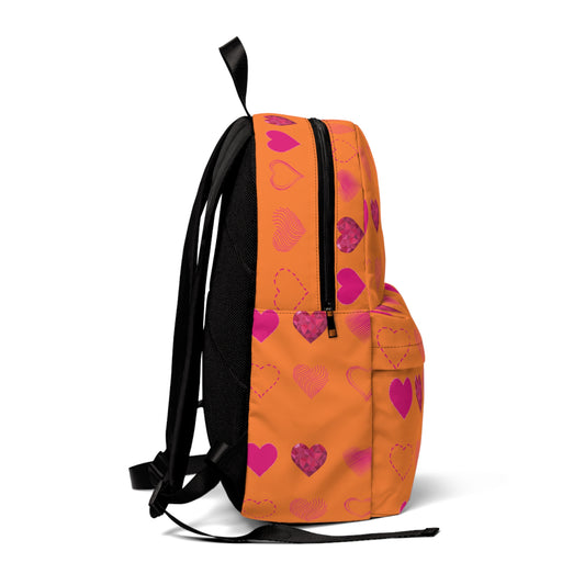 Orange with Pink Hearts | Classic Unisex Backpack Book Bag