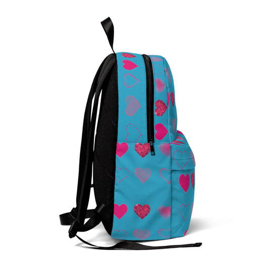 Blue with Pink Hearts | Classic Unisex Backpack Book Bag