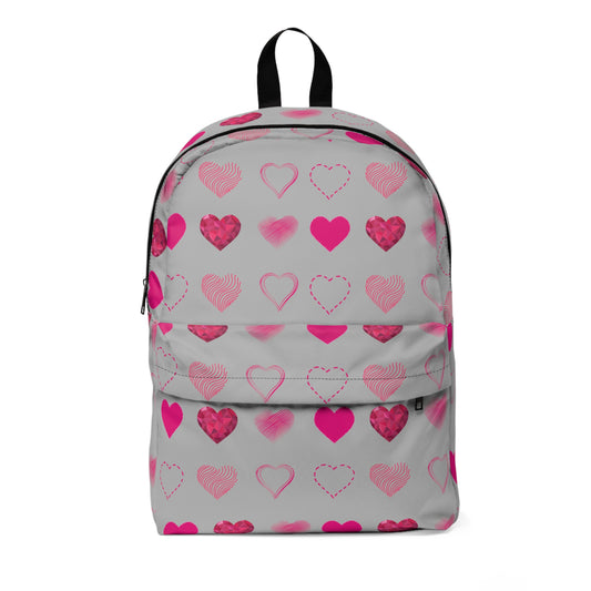 Grey with Pink Hearts | Classic Unisex Backpack Book Bag