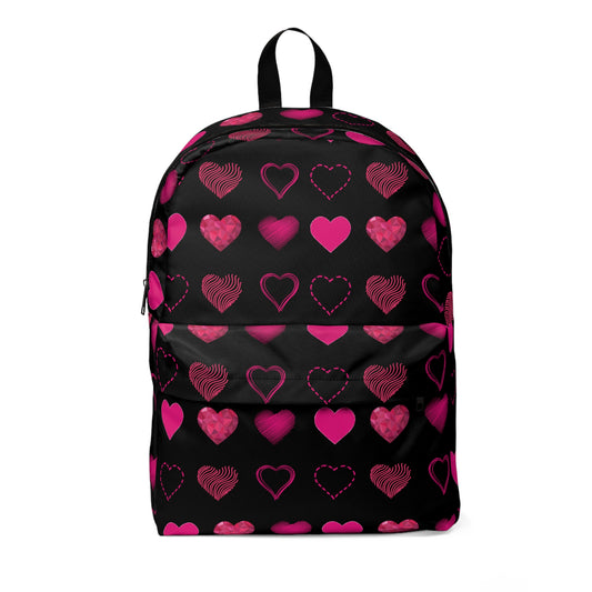 Black with Pink Hearts | Classic Unisex Backpack Book Bag