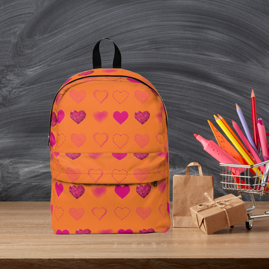 Orange with Pink Hearts | Classic Unisex Backpack Book Bag