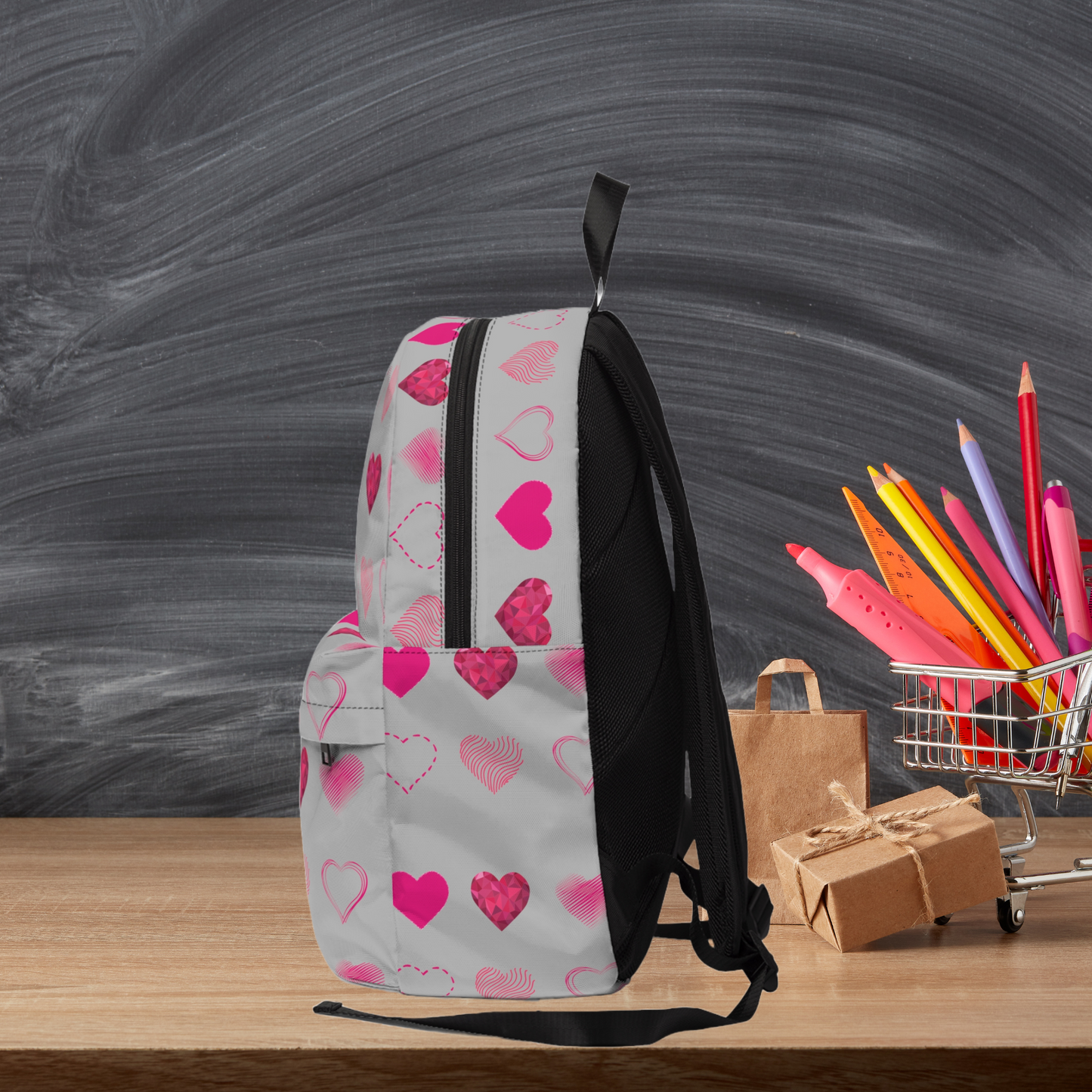 Grey with Pink Hearts | Classic Unisex Backpack Book Bag