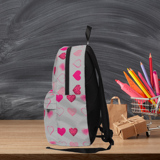 Grey with Pink Hearts | Classic Unisex Backpack Book Bag