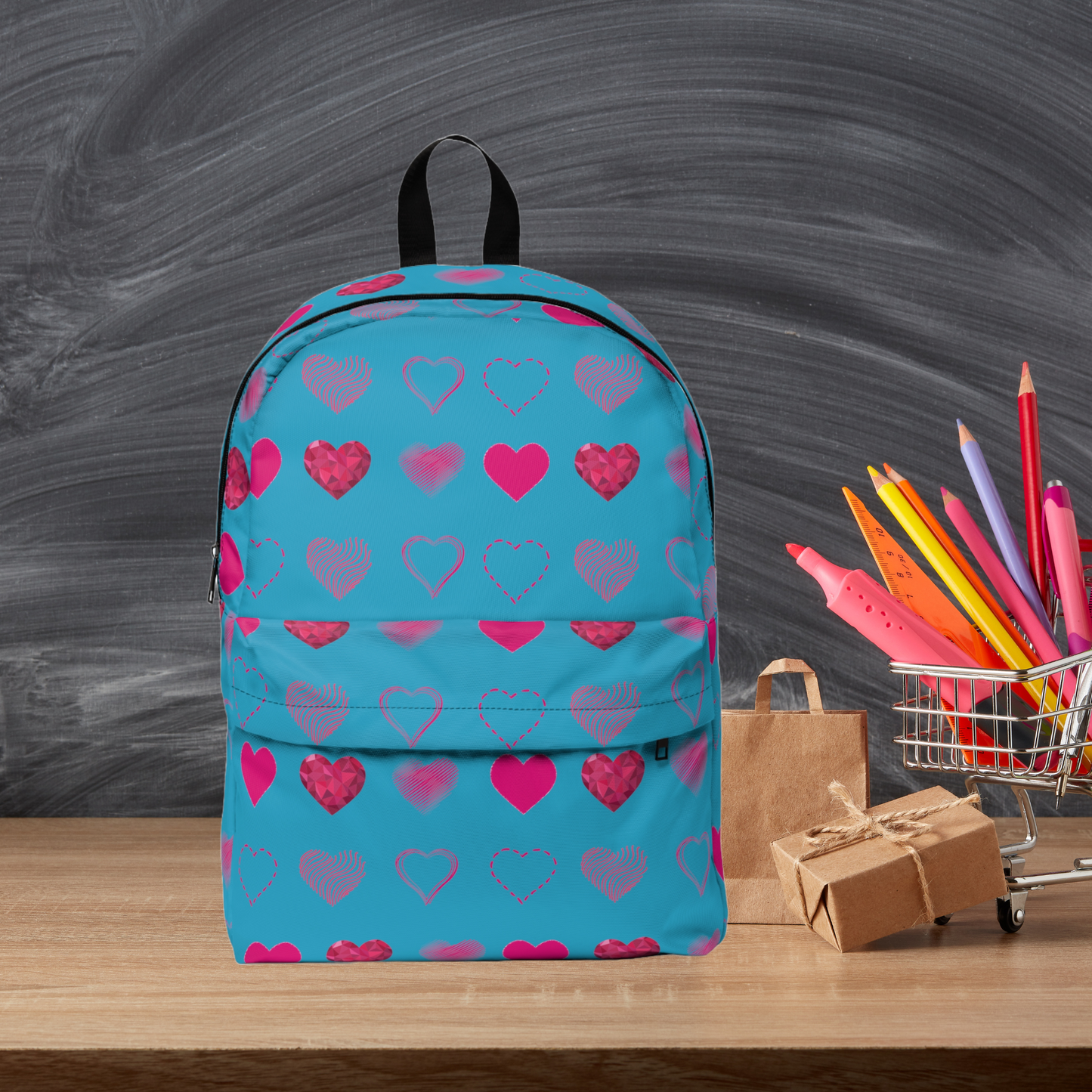 Blue with Pink Hearts | Classic Unisex Backpack Book Bag