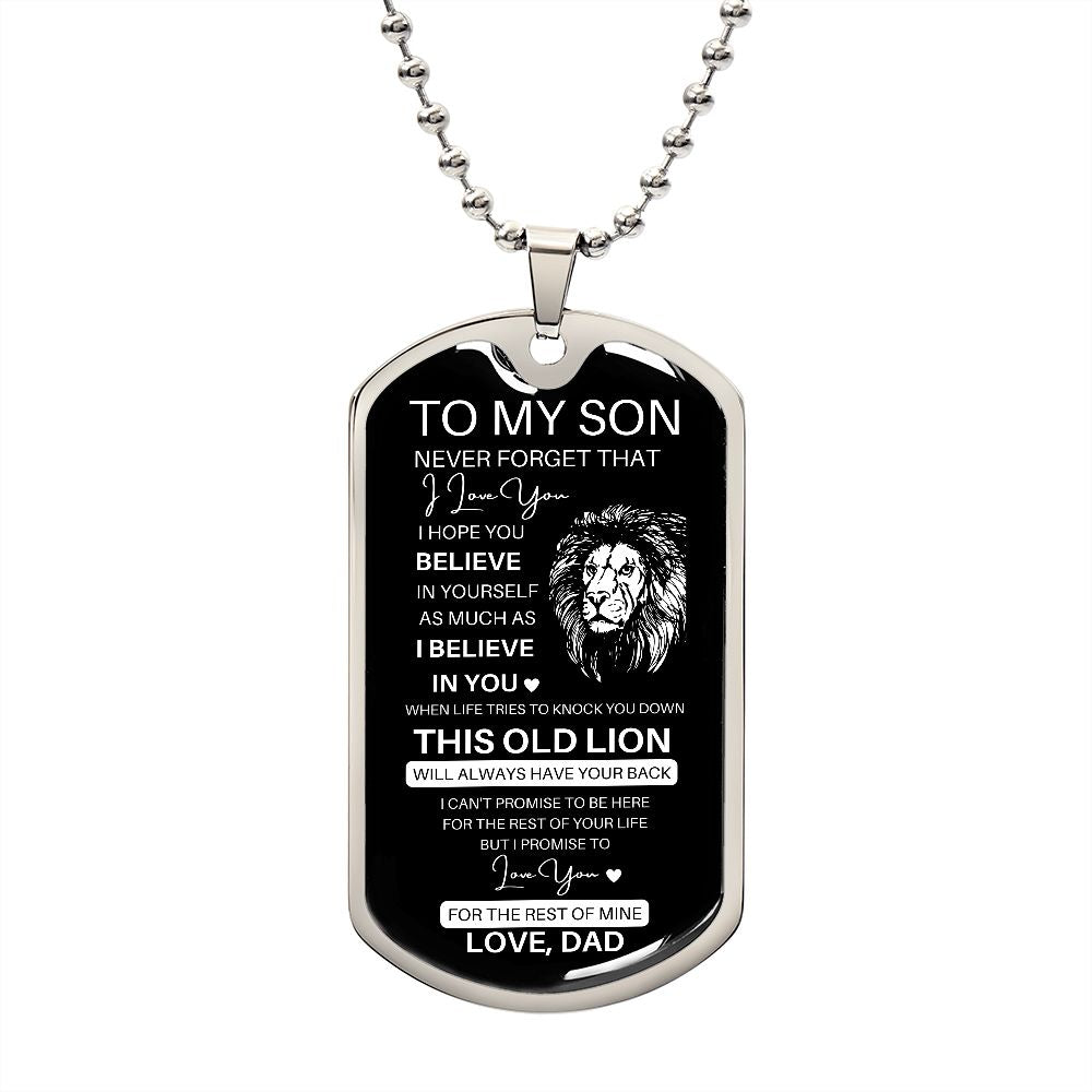 Graphic Dog Tag Military Chain | Believe This Old Lion | silver or gold