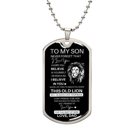 Graphic Dog Tag Military Chain | Believe This Old Lion | silver or gold
