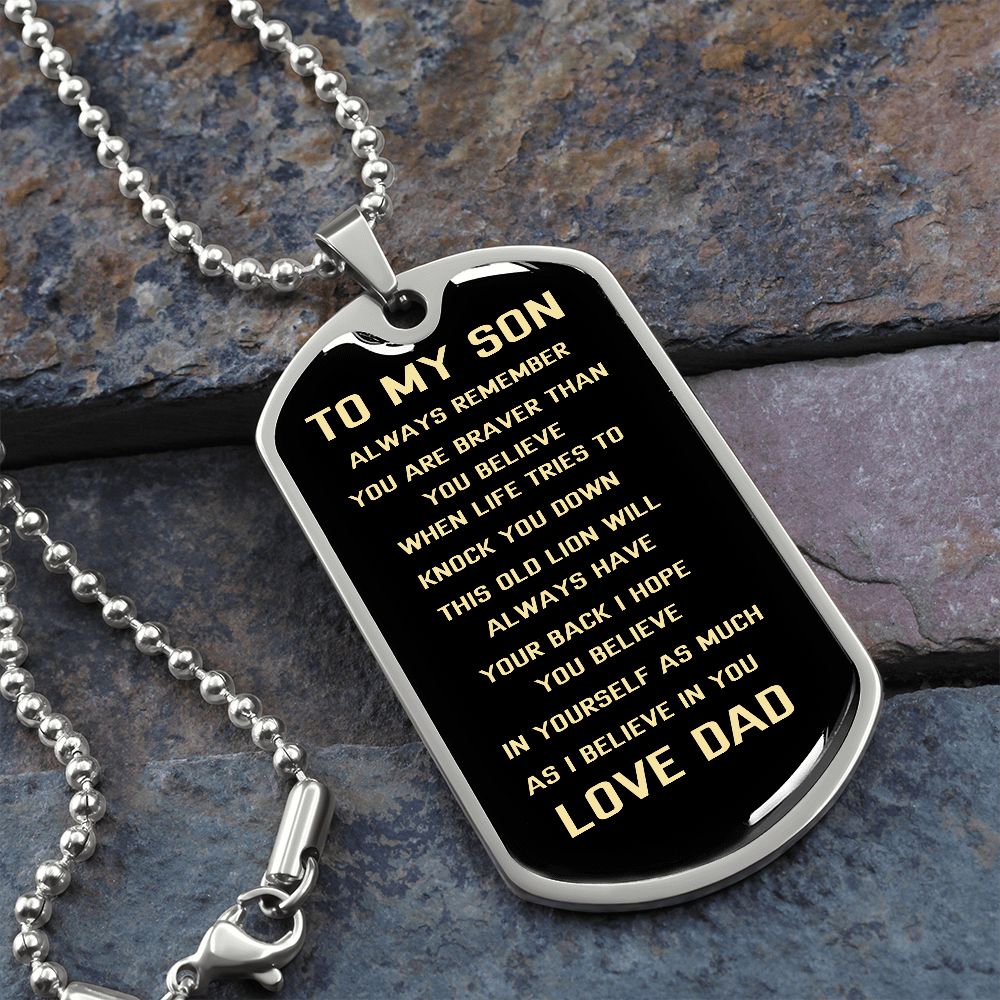 Graphic Dog Tag Military Chain | SON Always Remember | silver or gold