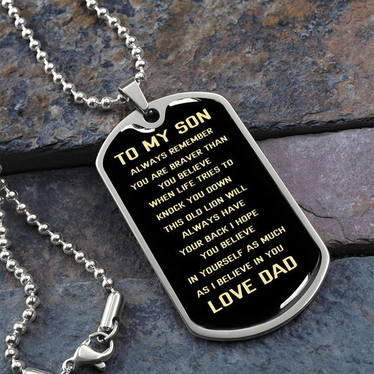 Graphic Dog Tag Military Chain | SON Always Remember | silver or gold