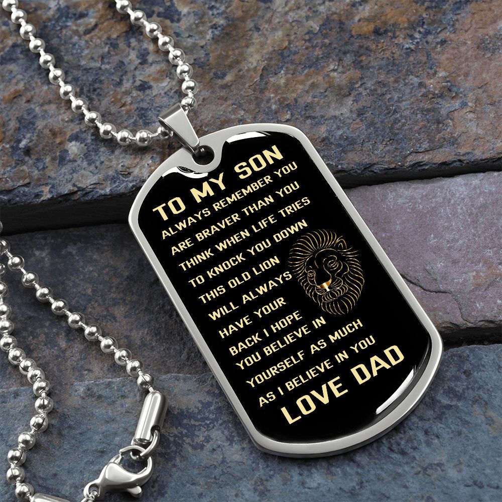 Graphic Dog Tag Military Chain | Son Brave Lion | silver or gold