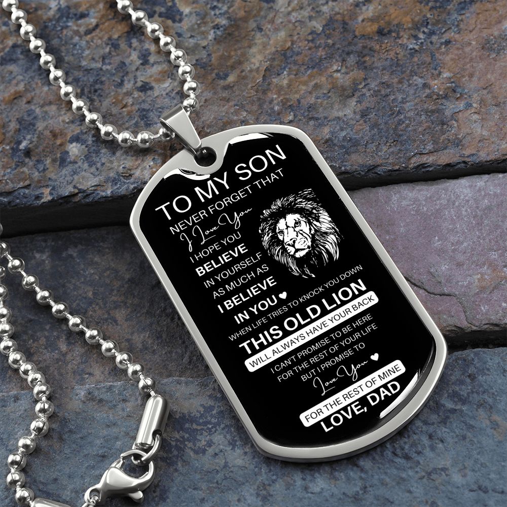 Graphic Dog Tag Military Chain | Believe This Old Lion | silver or gold