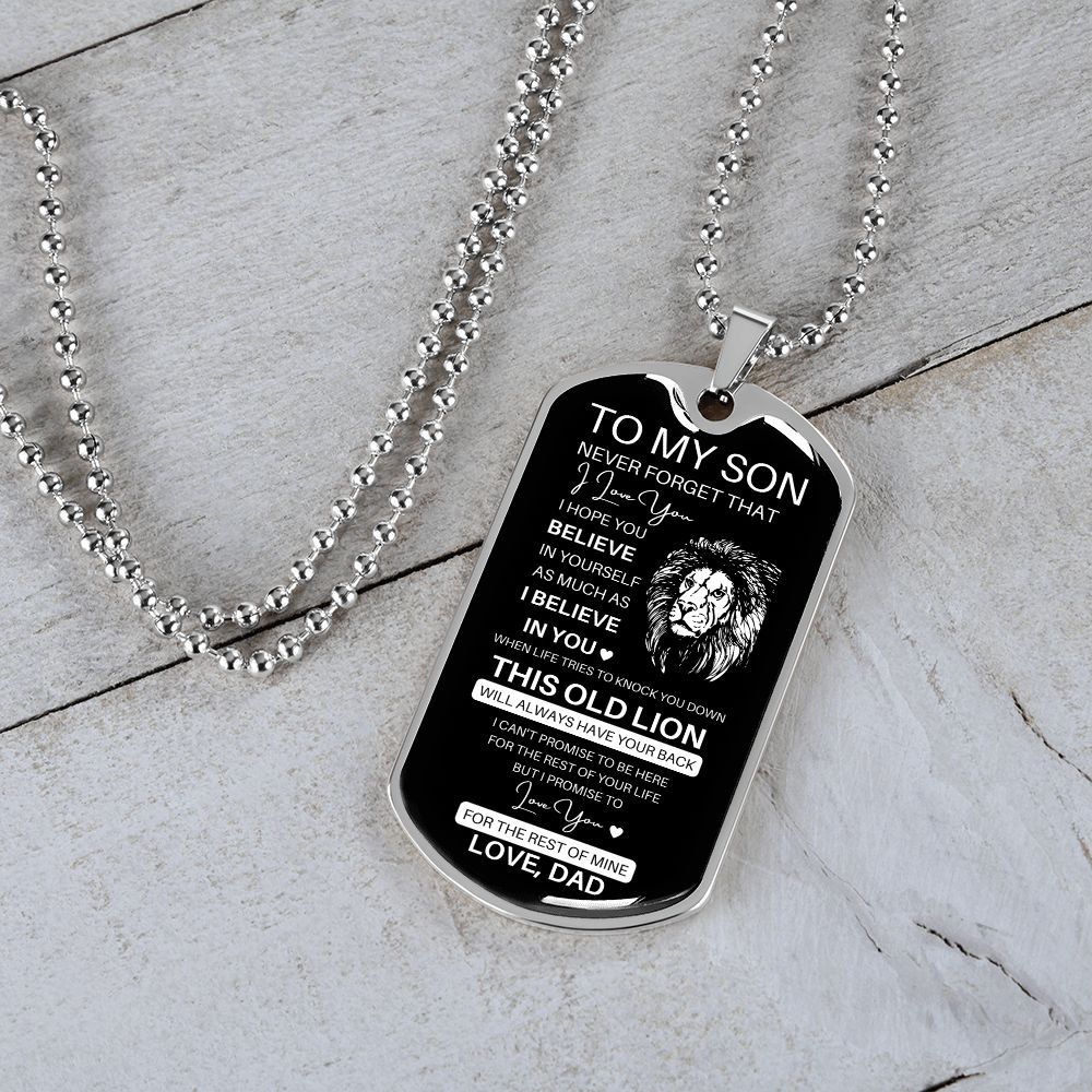 Graphic Dog Tag Military Chain | Believe This Old Lion | silver or gold