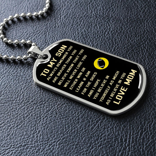 Graphic Dog Tag Military Chain | Brave Sporty Son | silver or gold
