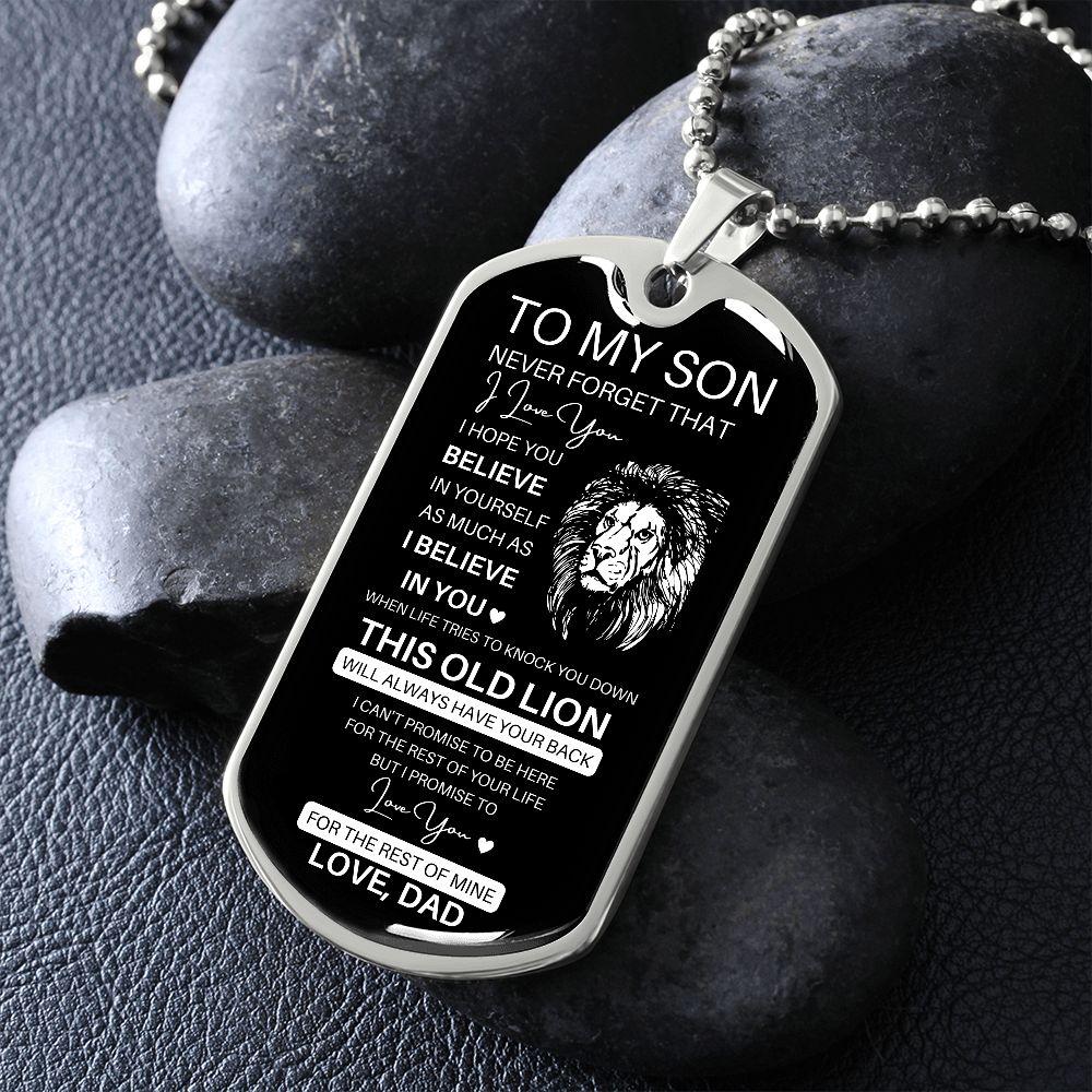 Graphic Dog Tag Military Chain | Believe This Old Lion | silver or gold