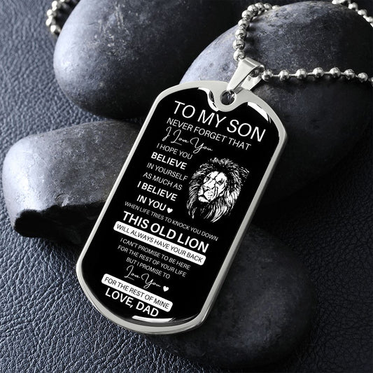 Graphic Dog Tag Military Chain | Believe This Old Lion | silver or gold