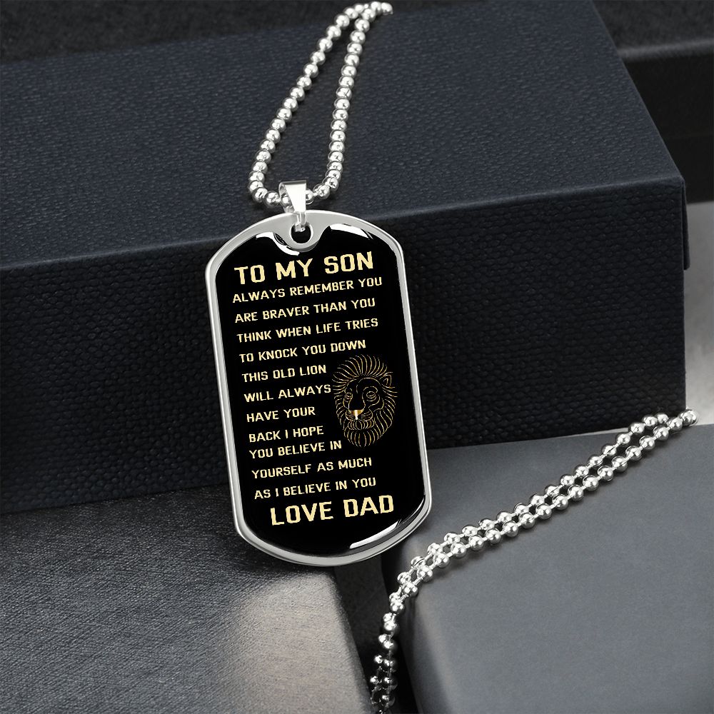 Graphic Dog Tag Military Chain | Son Brave Lion | silver or gold