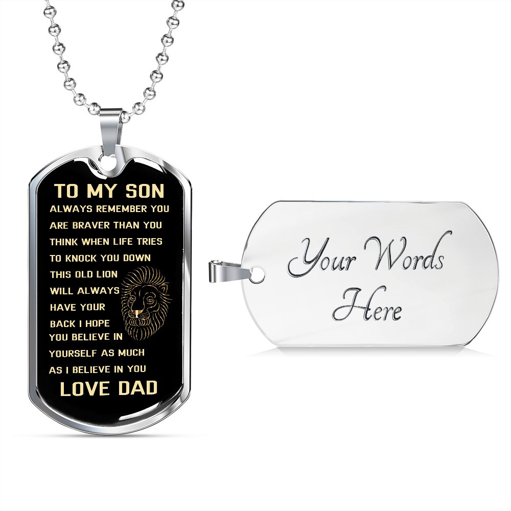 Graphic Dog Tag Military Chain | Son Brave Lion | silver or gold