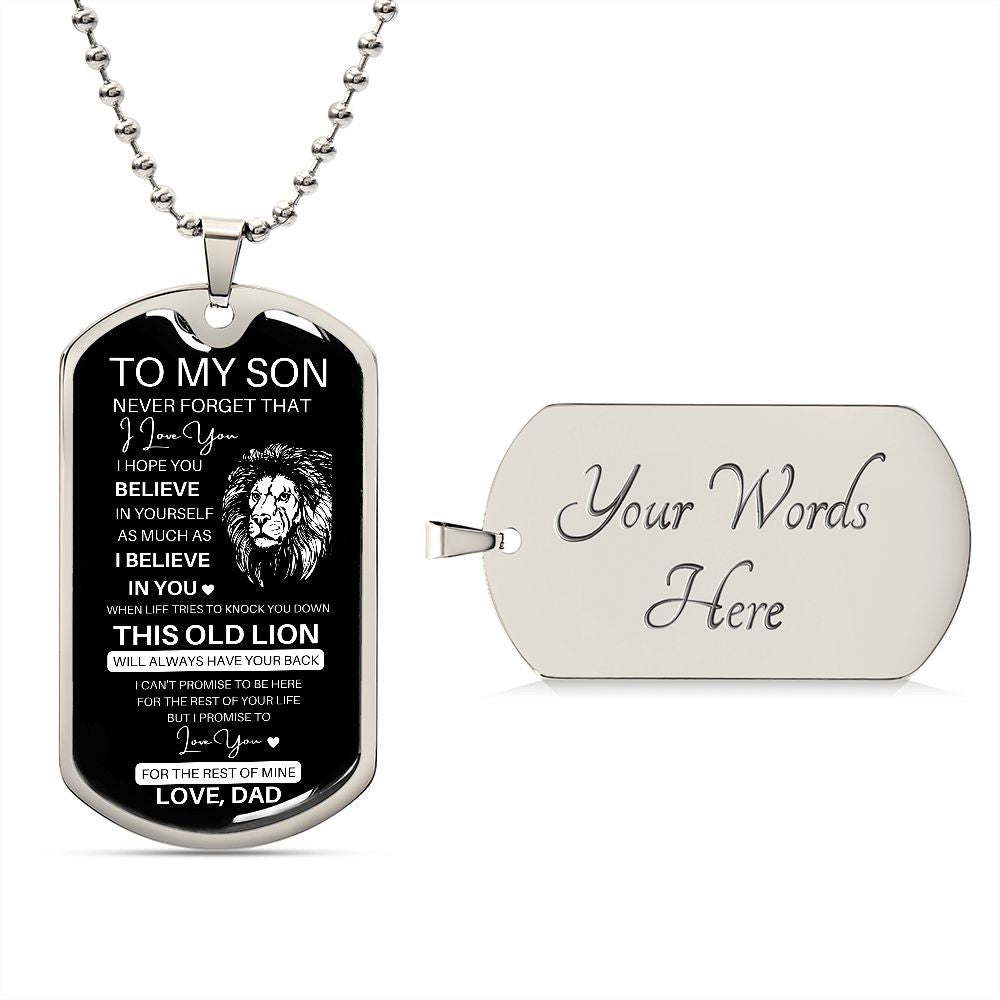 Graphic Dog Tag Military Chain | Believe This Old Lion | silver or gold