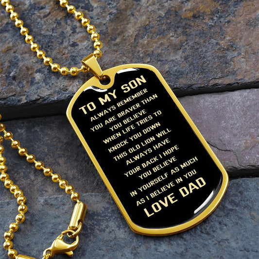 Graphic Dog Tag Military Chain | SON Always Remember | silver or gold