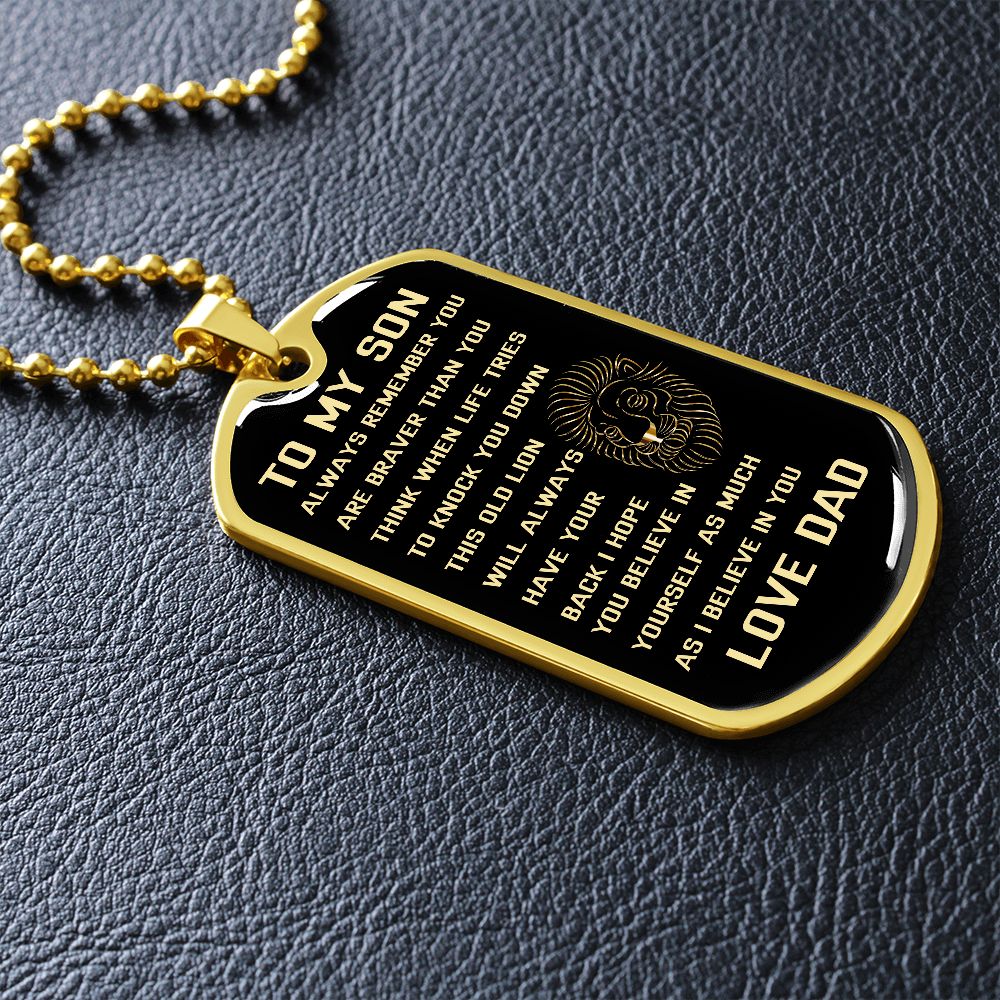 Graphic Dog Tag Military Chain | Son Brave Lion | silver or gold