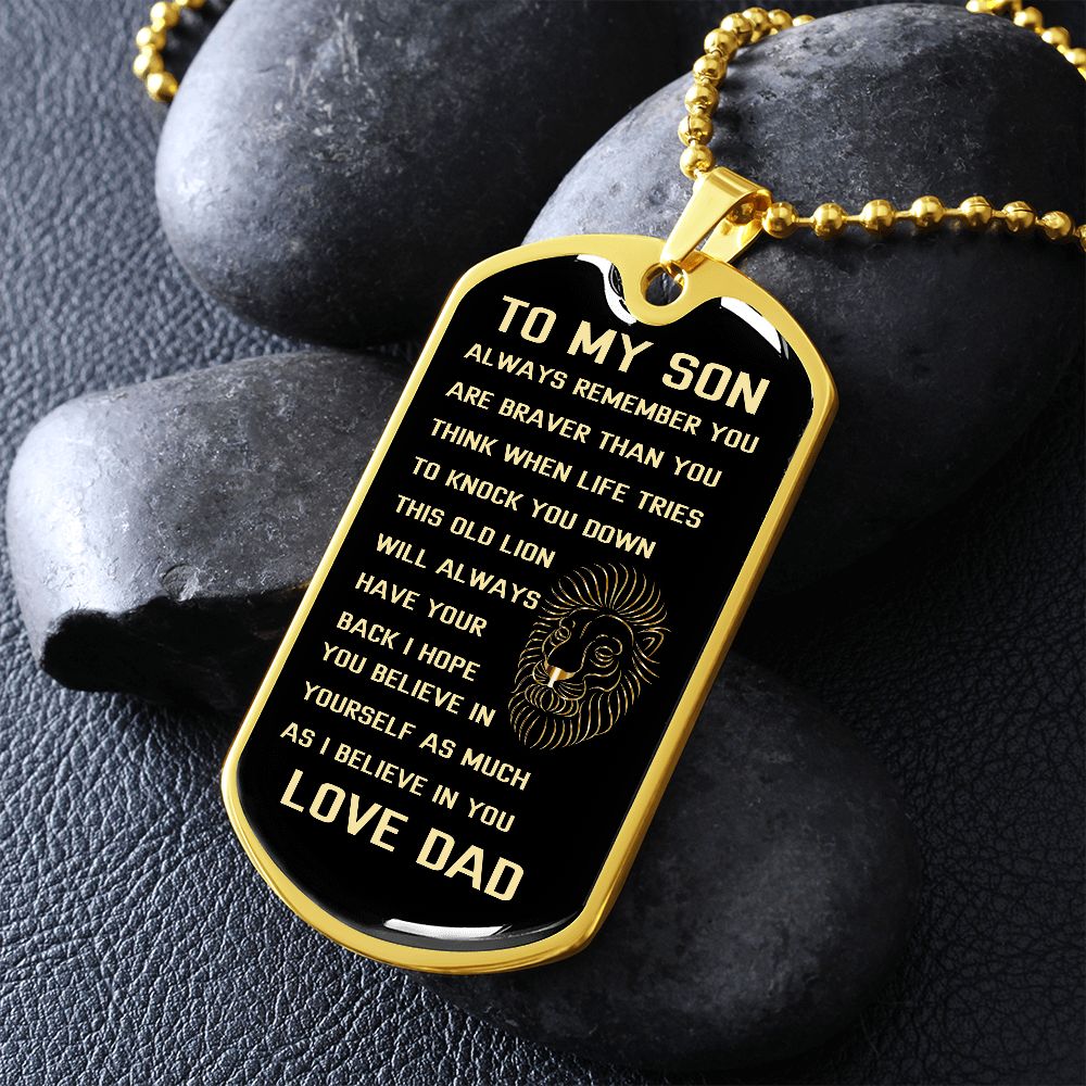 Graphic Dog Tag Military Chain | Son Brave Lion | silver or gold