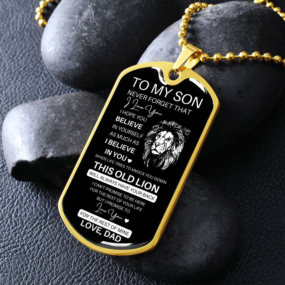 Graphic Dog Tag Military Chain | Believe This Old Lion | silver or gold