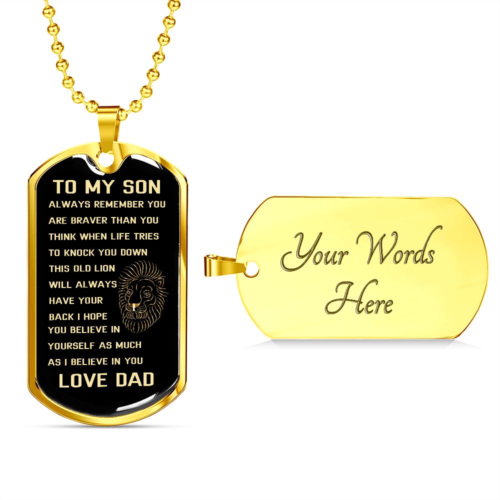 Graphic Dog Tag Military Chain | Son Brave Lion | silver or gold